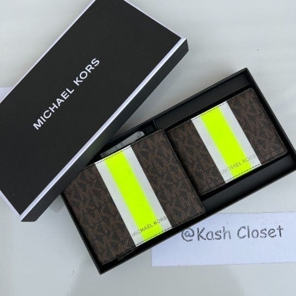 Michael kors Men Wallet Card Case Gift box set Brown Neon
